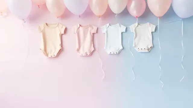 Wierszyk z okazji narodzin dziecka: cztery urocze body wiszą na sznurku, otoczone pastelowymi balonami.