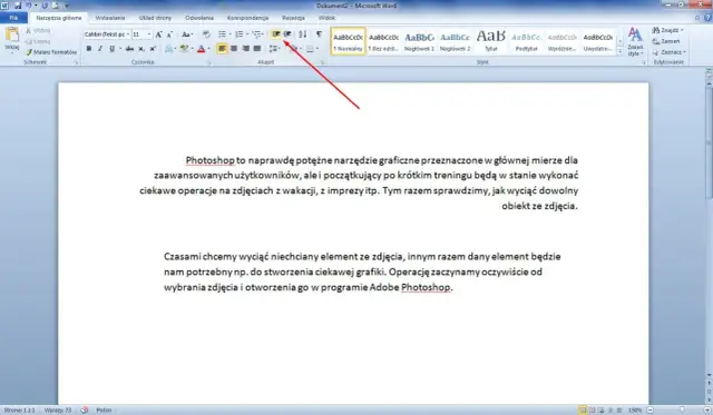 Zrzut ekranu z programu Microsoft Word, pokazujący pasek narzędzi z opcjami akapitu i fragment tekstu.