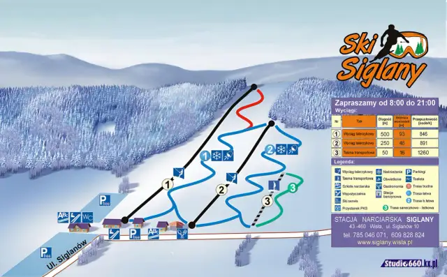 Mapa stacji narciarskiej Siglany w Wiśle z zaznaczonymi wyciągami narciarskimi, trasami i infrastrukturą.