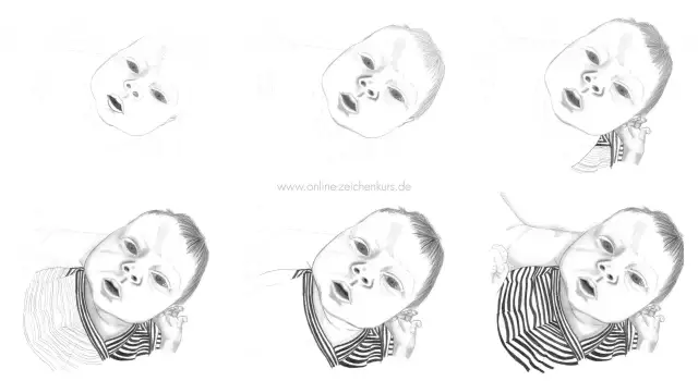 Sechs Bleistiftzeichnungen eines Babys in verschiedenen Stadien der Fertigstellung.