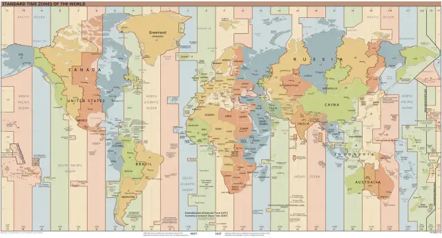 Mapa stref czasowych świata. Tajlandia znajduje się w strefie UTC+7, co oznacza, że nie ma tam zmiany czasu.
