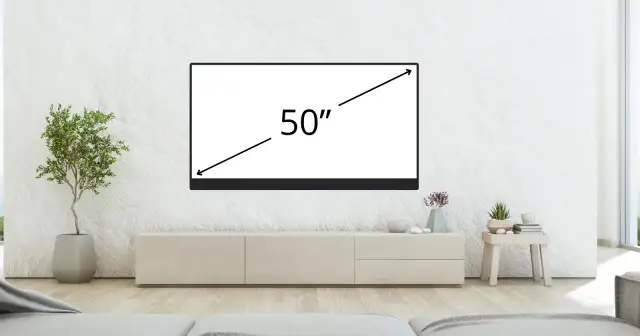 Telewizor 50 cali, idealny do salonu. Jego wymiary w cm to ok. 110 cm szerokości i 62 cm wysokości.