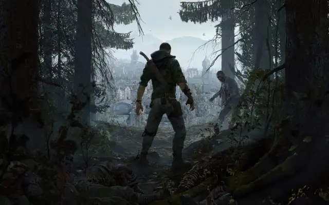 Gracz w Dying Light przygotowuje się do walki z zombie, miasto w tle. Czas gry toczy się dalej.