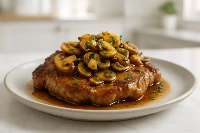 Soczysta karkówka z pieczarkami w sosie, posypana natką pietruszki, na talerzu.