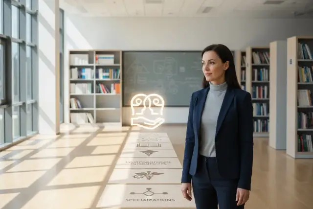 Kobieta w garniturze na tle biblioteki, wizualizacja ścieżki kariery: jak zostać psychologiem, od studiów po specjalizacje.