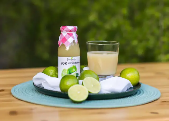 Butelka soku z limonki i szklanka orzeźwiającego napoju, otoczone świeżymi owocami. Odkryj sok z limonki właściwości!
