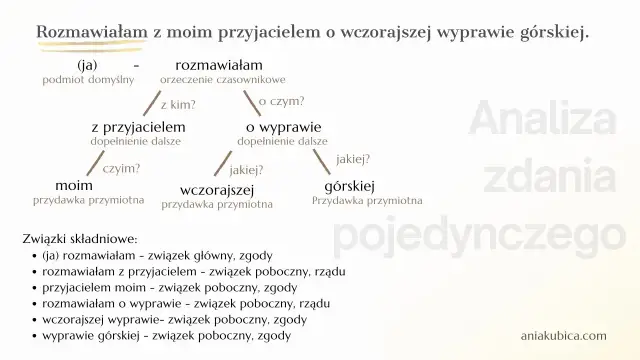 Analiza zdania pojedynczego: "Rozmawiałam z moim przyjacielem o wczorajszej wyprawie górskiej.