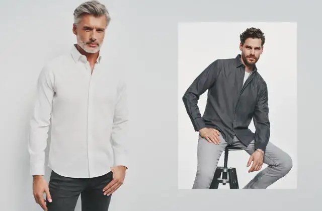 Mężczyźni w koszulach. Biała koszula slim fit podkreśla sylwetkę, szara wygląda swobodnie.