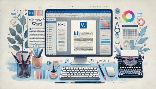 Komputer z programem Microsoft Word, klawiatura, myszka, przybory do pisania i maszyna do pisania. Widoczny podział sekcji Word.