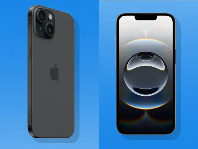 Zwei iPhones, eines von hinten mit Kameras, das andere von vorne mit Wallpaper.