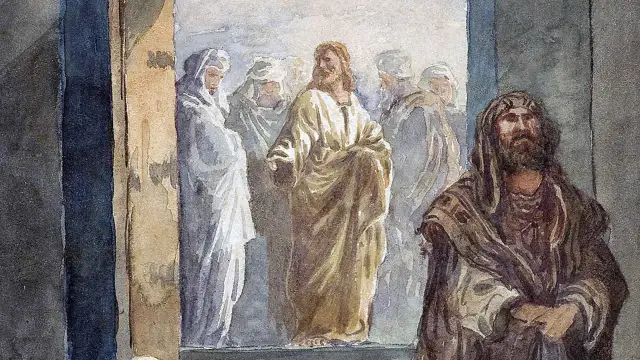 Jezus w złotej szacie przemawia do ludzi, przypominając o głównych prawdach wiary. Obok stoi mężczyzna w brązowym płaszczu.