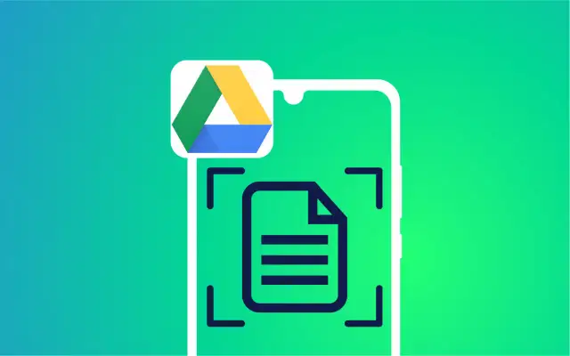 Icône du **google drive scanner** sur un fond dégradé vert. Le logo Google Drive flotte au-dessus d'une icône de document dans un cadre de numérisation.
