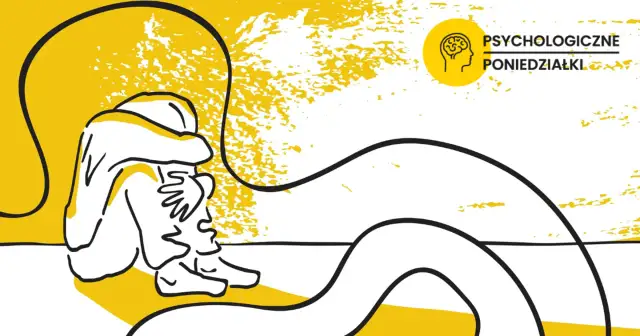 Ilustracja przedstawia skuloną postać w żółto-białej kolorystyce, symbolizującą niepokój.