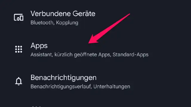 Android-Menü mit hervorgehobener Option "Apps" und Pfeil.