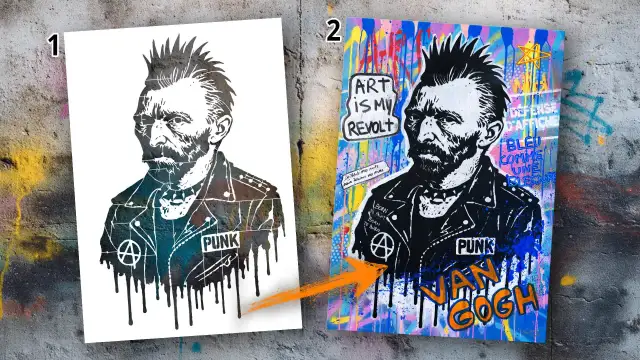 Zwei Bilder von Van Gogh im Punk-Stil, eines schwarz-weiß, das andere bunt und mit Graffiti.