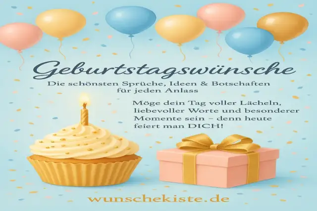 Geburtstagskuchen mit Kerze, Geschenkbox und Ballons vor blauem Hintergrund.
