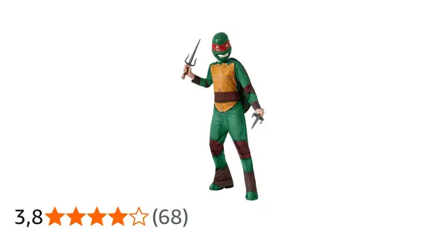 Dziecko w zielonym stroju Żółwia Ninja z maską i dwoma sai.