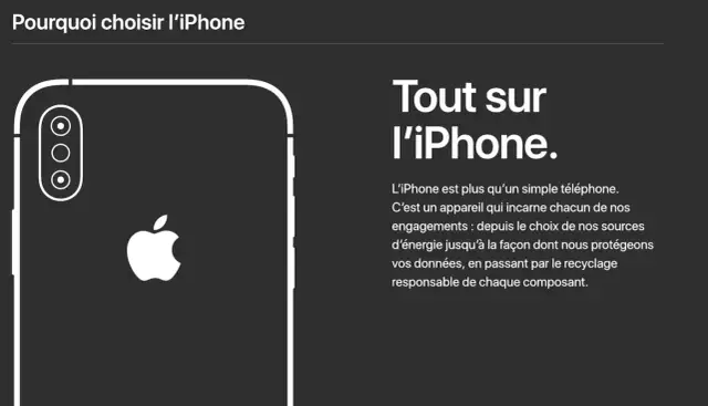 Le dos d'un iPhone blanc avec le logo Apple et un texte expliquant pourquoi choisir l'iPhone.