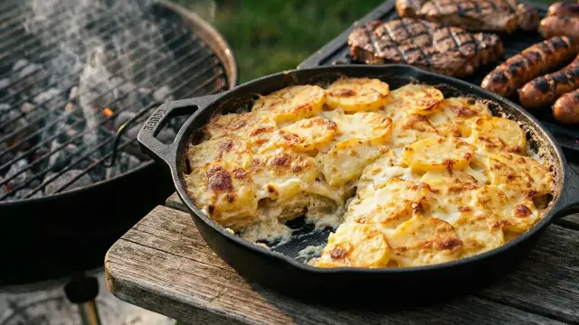 Herzhaftes Kartoffelgratin im Gusseisen, daneben gegrillte Steaks und Würstchen. Ein perfektes Kartoffelgratin Rezept für den Sommer.