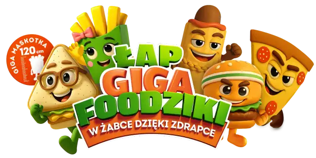 Wesołe postacie jedzenia, jak kanapka, frytki, hot dog, burger i pizza, zachęcają do zabawy. Dowiedz się, ile jest ważna zdrapka, by zdobyć Giga Foodziki w Żabce!