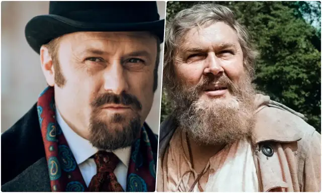 Dwaj mężczyźni: elegancki pan w meloniku i stary znachor z długą brodą.