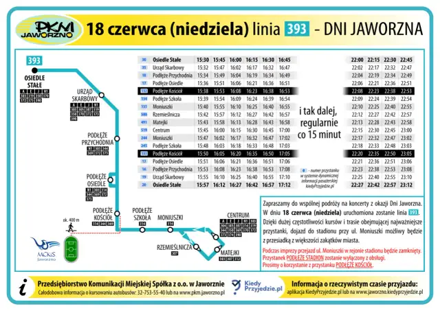 MPK Jaworzno rozkład jazdy linii 393 na 18 czerwca (niedziela). Kursy co 15 minut.
