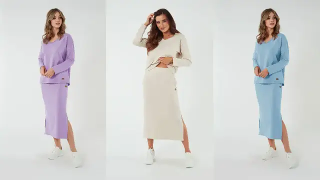 Trzy kobiety prezentują, jak nosić długie spódnice w pastelowych kolorach: liliowym, beżowym i błękitnym. Stylowe zestawy z bluzami i sneakersami.