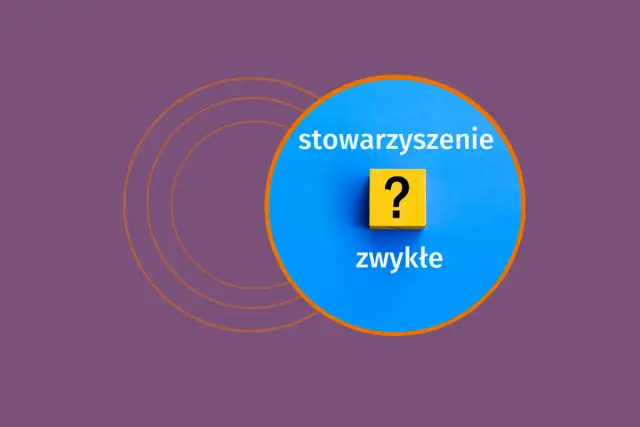 Niebieskie koło z tekstem "stowarzyszenie zwykłe" i żółty klocek z pytajnikiem.