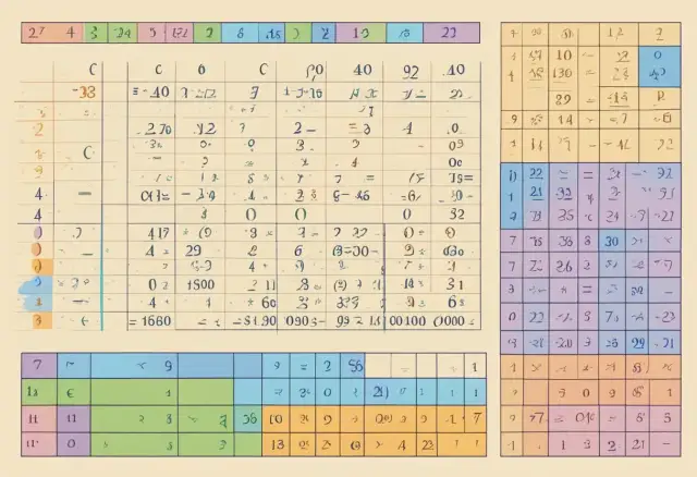 Fragmenty tabel z liczbami i symbolami matematycznymi.