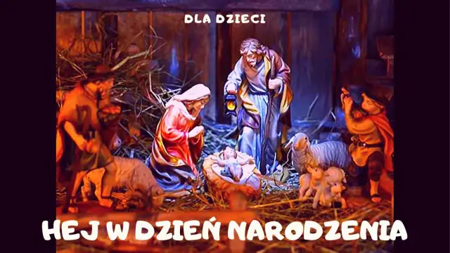 Hej w dzień narodzenia! Szopka bożonarodzeniowa z Dzieciątkiem Jezus, Maryją, Józefem i pasterzami.