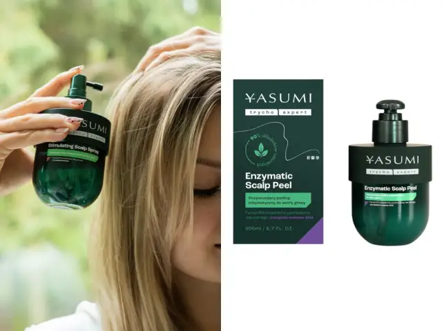 Kobieta aplikuje na skórę głowy peeling enzymatyczny Yasumi. To doskonały peeling do skóry głowy, który odżywia i oczyszcza.