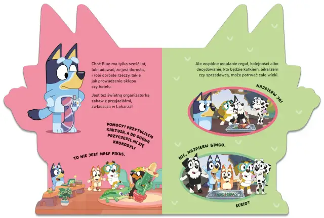 Bluey i jej rodzina bawią się w lekarza. Wesołe postacie Bluey i jej przyjaciół w różnych scenkach.