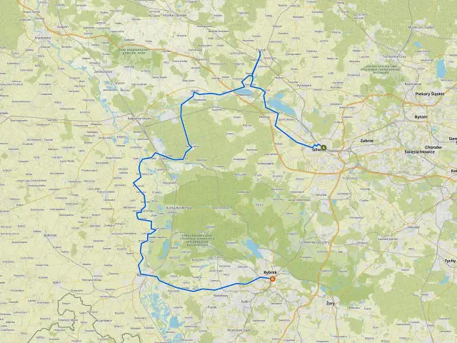 Trasy rowerowe Gliwice i okolice. Mapa pokazuje sieć dróg i ścieżek rowerowych, idealnych do odkrywania piękna regionu.