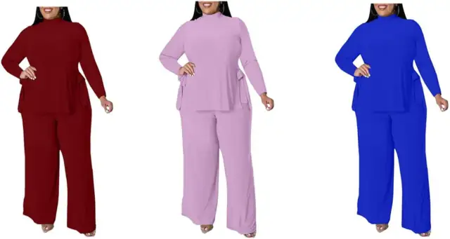 Trzy kobiety w dresach plus size w kolorach bordowym, liliowym i niebieskim.