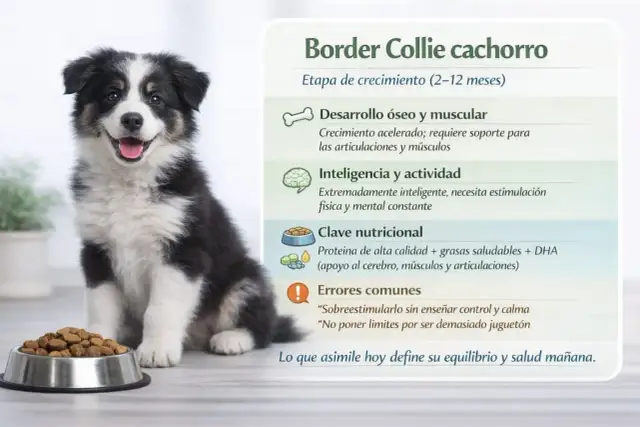Border Collie cachorro junto a su plato de comida, con información sobre su desarrollo, nutrición y errores comunes.
