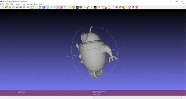 Szary model robota 3D na fioletowym tle, widoczny w oprogramowaniu MeshLab.