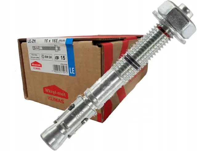 Kotwa rozporowa LE-ZN 16x165mm na tle kartonu z oznaczeniami.