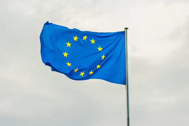 Niebieska flaga z żółtymi gwiazdami, symbolizująca europejski tytuł egzekucyjny, powiewa na maszcie na tle pochmurnego nieba.