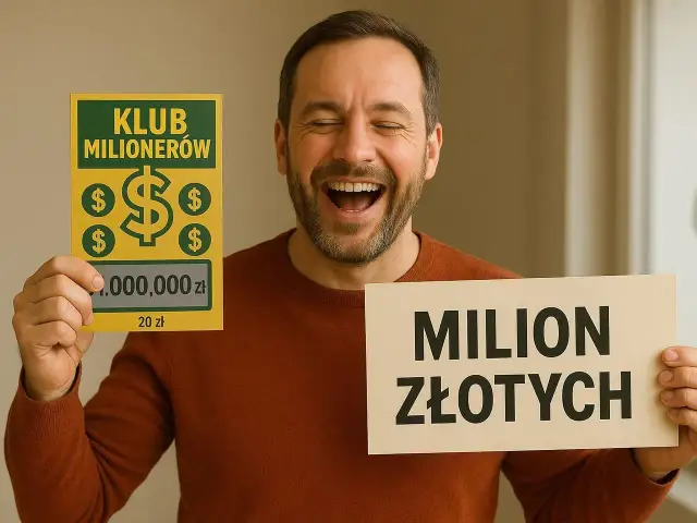 Szczęśliwy mężczyzna trzyma zdrapkę "Klub Milionerów" i tabliczkę "MILION ZŁOTYCH", świętując główne wygrane w zdrapkach.