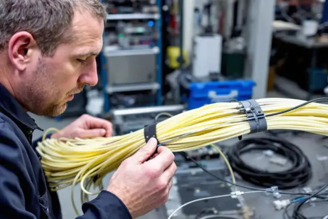Technicien manipulant un faisceau de câbles fibre optique jaunes. Le prix de la réparation d'un câble fibre optique peut varier.