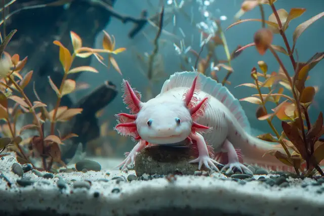 Uroczy axolotl, czyli meksykańska salamandra, z czerwonymi skrzelami, pływa w akwarium wśród roślin.