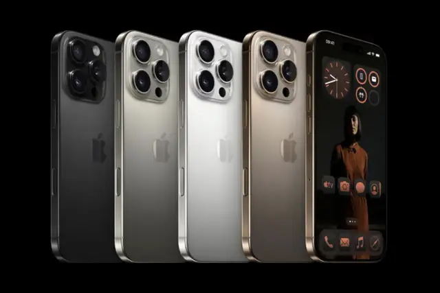 Quatre iPhones Pro en noir, vert, argent et or, avec un écran affichant une femme et des icônes. L'iphone 16 date de sortie reste un mystère.