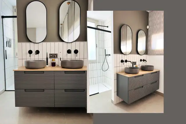 Moderno baño con doble lavabo y ducha. Consulta el precio reforma baño pequeño para un diseño similar.