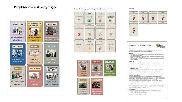 Karty pracy do gry: nauczyciel, kierowca, mechanik, piekarz, fryzjer, kasjer, opiekunka, pracownik biurowy, weterynarz, pracownik socjalny, sekretarka, rolnik, dziennikarz.