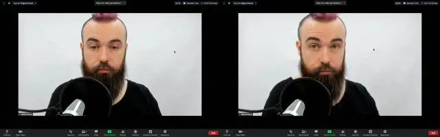 Test kamery: mężczyzna z brodą i różowym irokezem przed mikrofonem, w dwóch oknach.