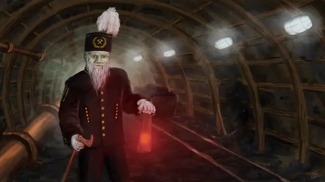 Opiekuńczy duch kopalni, z latarką w dłoni, czuwa nad górnikami w ciemnym tunelu.