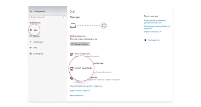 Ekran ustawień sieciowych Windows. Kliknij "Stan", aby sprawdzić połączenie, a następnie "Zmień opcje karty", aby dowiedzieć się, jak zresetować kartę sieciową.