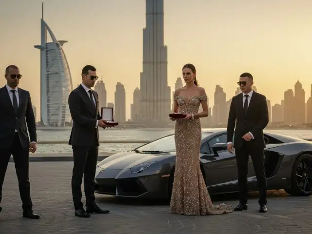 Elegancka kobieta w sukni i mężczyźni w garniturach stoją obok sportowego samochodu na tle Dubaju.