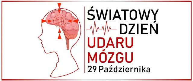 Grafika przedstawia mózg z czerwonymi strzałkami wskazującymi na ból głowy. Tekst: Światowy Dzień Udar mózgu 29 Października.