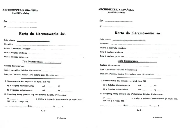 Karta do bierzmowania św. z Archidiecezji Gdańskiej, zawiera dane kandydata, rodziców, świadków i datę sakramentu.